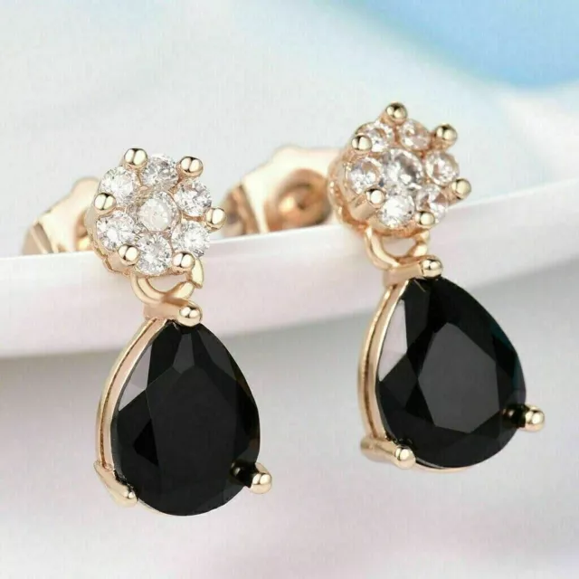 2Ct Pear Cut Lab Created Black Diamond Drop Dangle Earring 14k Rose Gold Plated