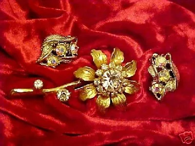 Vintage Rhinestone Flower Pin Earrings Lot CAT RESCUE