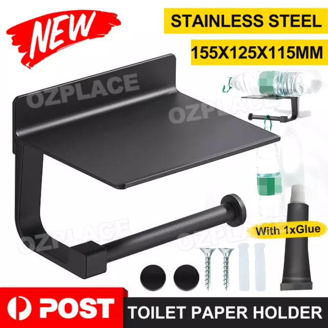 Stainless Steel Toilet Paper Roll Holder Storage Hooks Bathroom Washroom Black