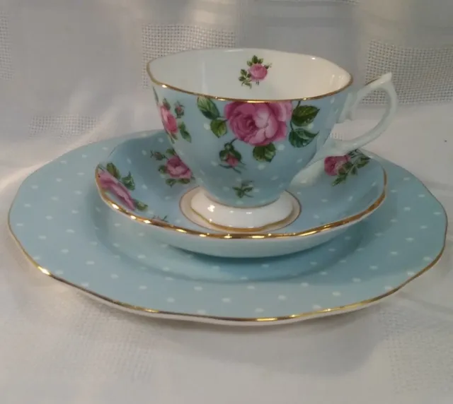 Royal Albert England Polka Blue Tea Cup, Saucer And Dessert Plate