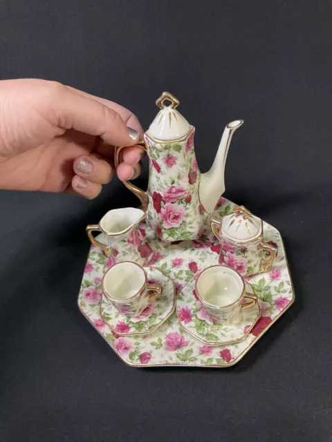 Vintage Miniature Chintz Pink Floral 10 Piece Tea Set 3