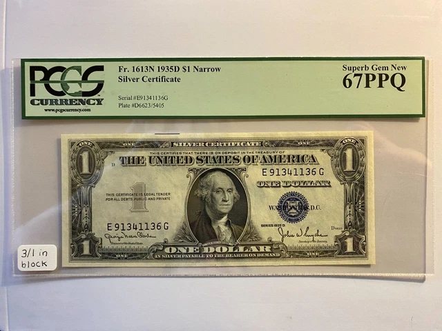 Fr. 1613N 1935D #1 Narrow Silver Certificate 67 PPQ Superb Gem New A001