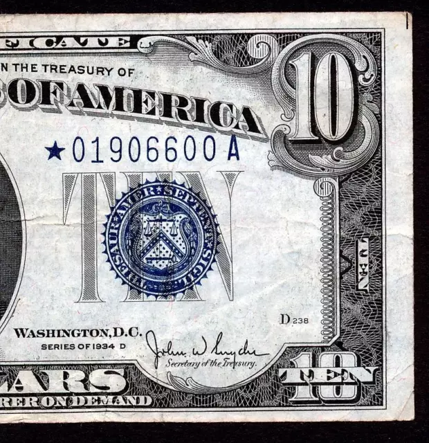 Fr.1705* 1934D $10 SILVER CERTIFICATE "STAR" VERY FINE SUPER RARE COLLECTIBLE