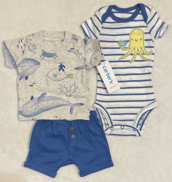 Carter's Baby Boy 3-Piece Sea Life Short Set Grey/Blue Size Newborn NWT