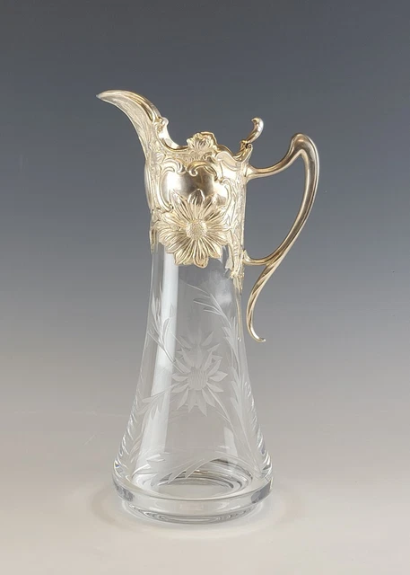 Antique Vintage Art Nouveau Sterling Silver Claret Pitcher Glass Cut