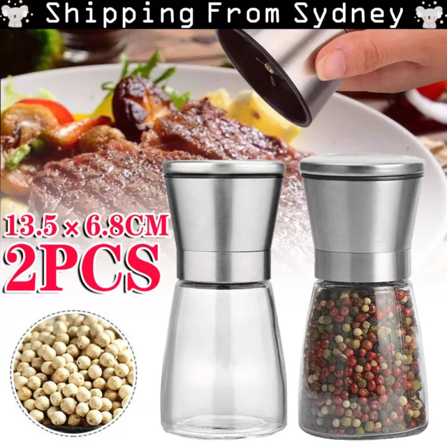 2x Stainless Steel Salt and Pepper Grinder Manual Ceramic Mills Glass Kitchen