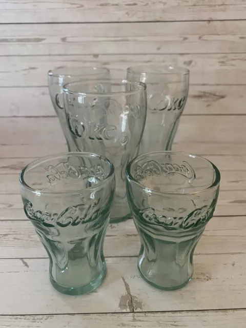 Vintage Coca-Cola Mini 3” Shot Glasses & Med Glasses 4.5” Hint Of Green Glass.