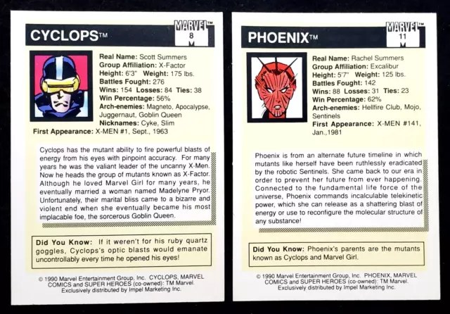 Phoenix + Cyclops 1990 Marvel Universe Super Heroes Cards #8 #11 in NM/MINT+ RAW 2