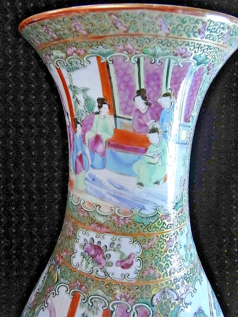 Ancienne Grande Paire De Vases Porcelaine Emaille Canton Chine Chinese Asiatique 3
