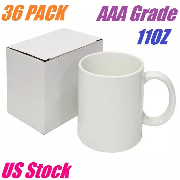 36 White Blank Sublimation Mugs 11OZ Grade AAA Heat Transfer Ceramic Coated Mugs