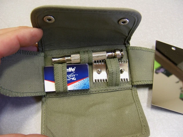Gillette Old Type DE Safety Razor Military Soft Khaki Set w Mirror New Plating