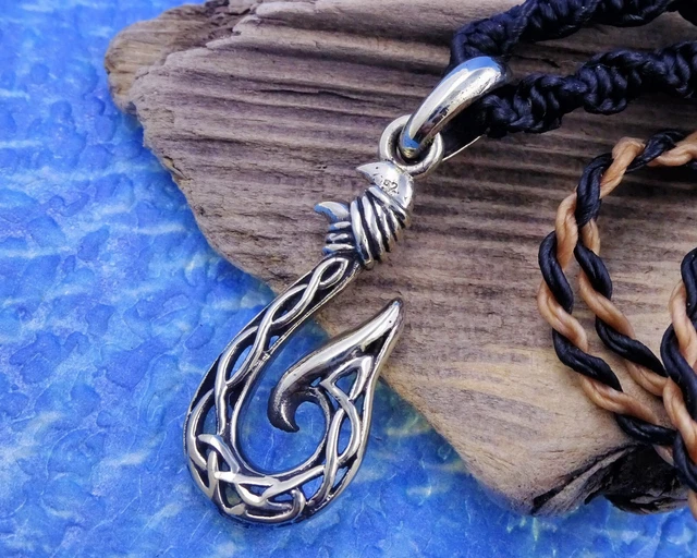 Stylish Fish Hook Pendant Macrame Necklace Hei Matau Hand 1.75" Tall