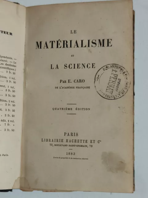 Le matérialisme et la science E. Caro (religion) Librairie hachette LIVRE ANCIEN