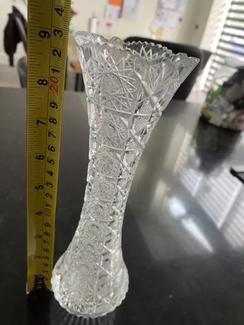 Bohemian Czech 24% Lead Crystal Flower Vase Hand Cut Queens Lace 9” (23cm) Tall 2
