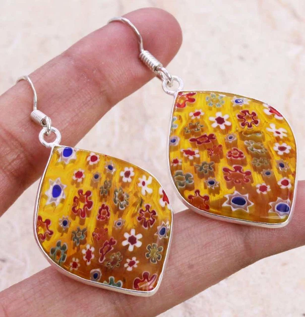 Dichroic Glass 925 Silver Plated Handmade Earrings of 1.7" Ethnic Gift