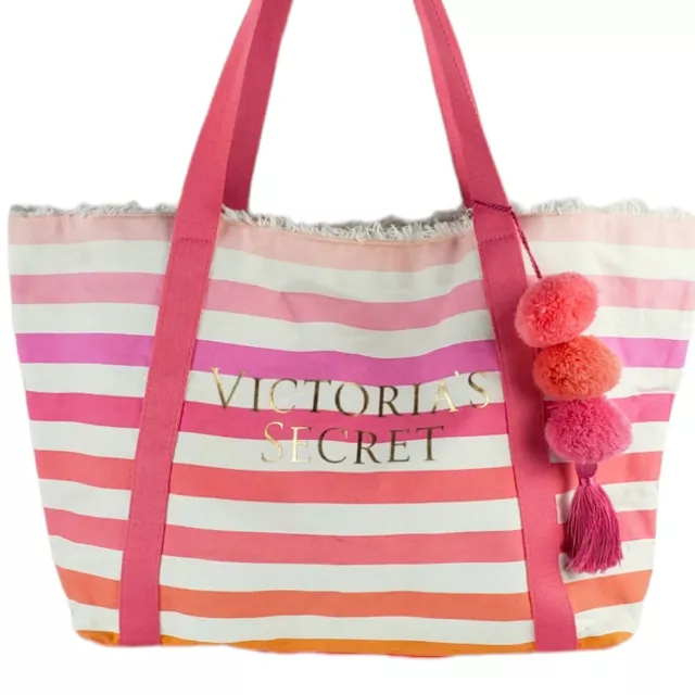 Victoria’s Secret Tote Pink White Stripes & Pom Poms Washable Canvas Bag