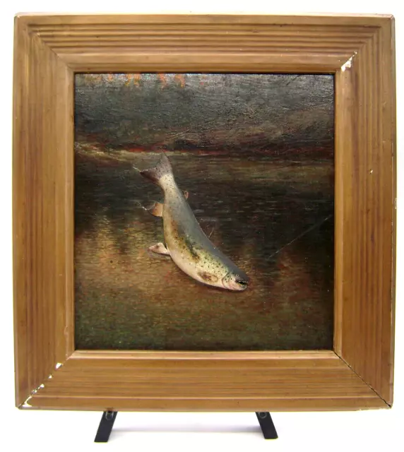 Antique Sportsman Painting on Wood 3-D Carved Salmon Fish Gesso Wood Frame