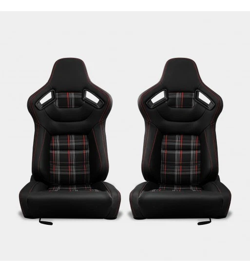Coppia Sedili sportivi avvolgenti auto in pelle nera con patch in tessuto N512