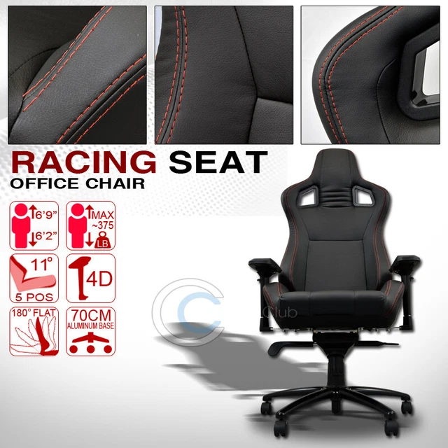 MU Racing Style PVC Leather Bucket Reclinable Seat Chair Blk w/Red Stitches Cl07