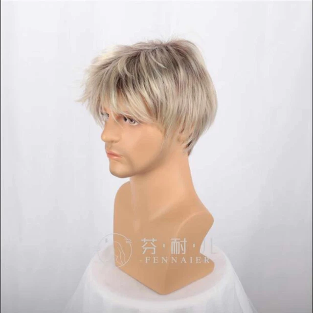 Gradient white gold fluffy hair short Inclined bang cosplay Wig Harajuku