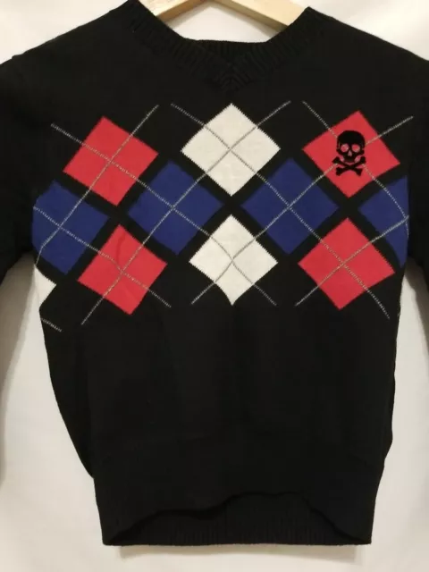 JOE FRESH Sweater Toddler Boys Sz 4 Black Pirate Argyle Print V-Neck 2