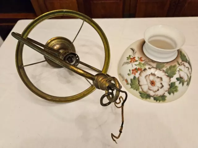 Antique Vintage Hanging Brass Oil Lamp & Floral Milk Glass Shade 10" Fitter