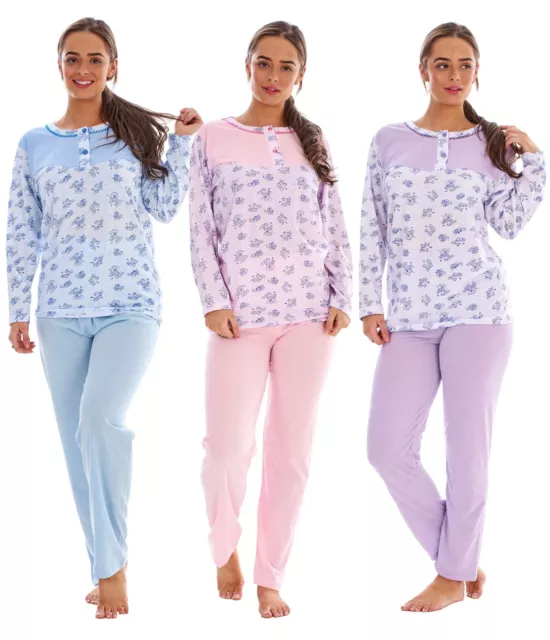 Ladies Floral Pyjama Set Crew Neck Long Sleeve Button 100% Cotton Soft Sleepwear