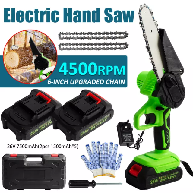 6"Mini Cordless Chainsaw Electric One-Hand Saw Wood Pruning Cutter w/2 Batteries