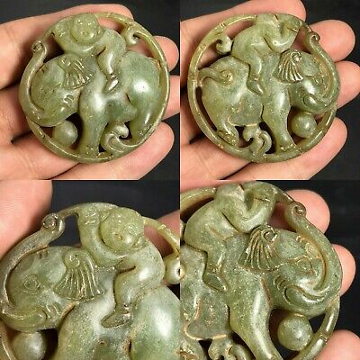 Wonderful Antique Chinese Jade Carved Baby Ridding Elephant Statue Amulet