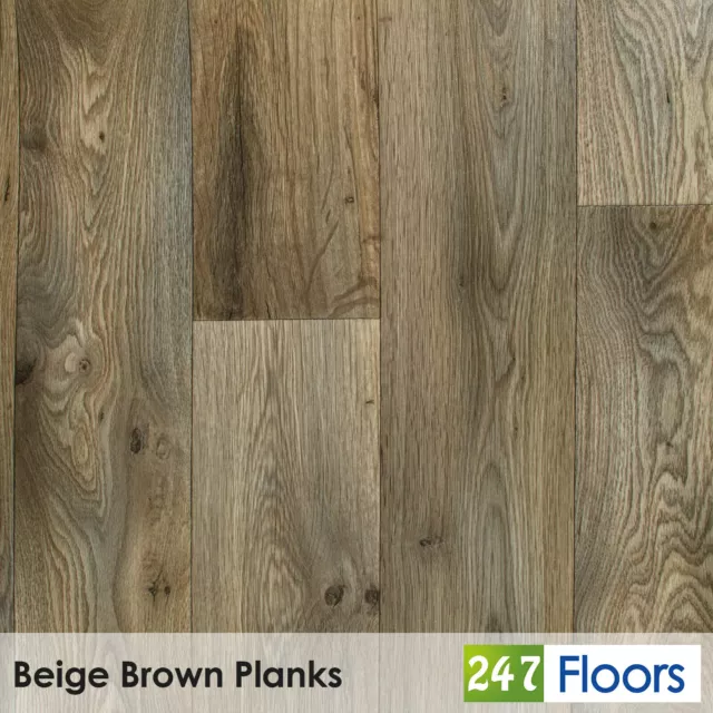 Beige Brown Wood Plank Effect Vinyl Roll Flooring Cheap Lino Kitchen 2m 3m 4m