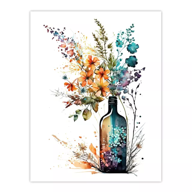 Wine Bottle Wildflowers Watercolour Orange Blue Purple Wall Art Poster Print