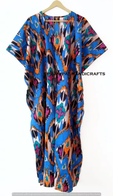 Women Summer Cotton Sleepwear Boho Ikat Print Blue Long Maxi Ethnic Caftan Dress