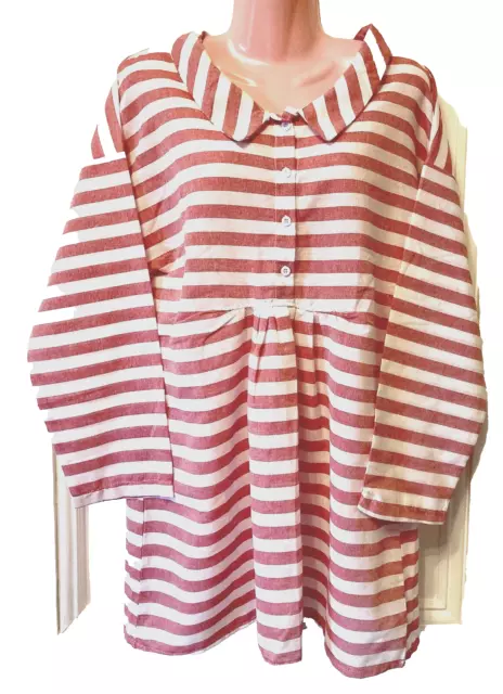 Linen Blend White & Pale Red Smocked Tunic Top Collared Relaxed Fit Size M BNIB