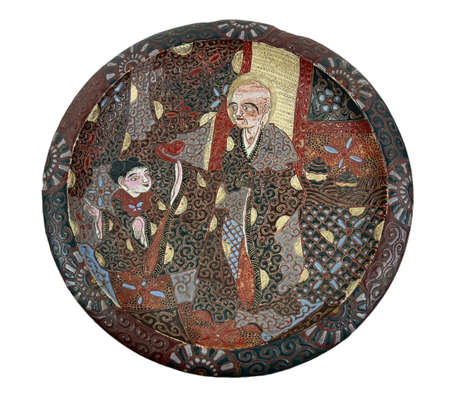 Japanese Edo Period Moriage Slip Pottery Charger Plate Antique Cracked Repaired