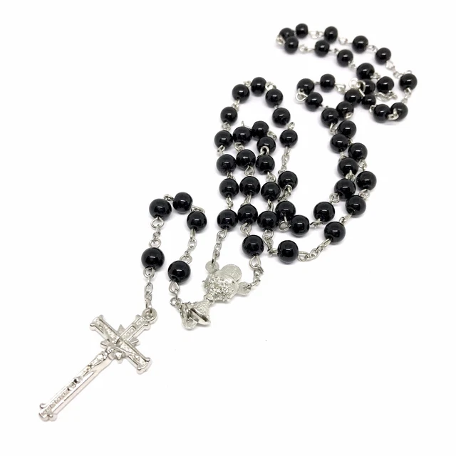 Rosary - black Glass prayer beads rosary  -  CATHOLIC Rosary Crucifix Necklace