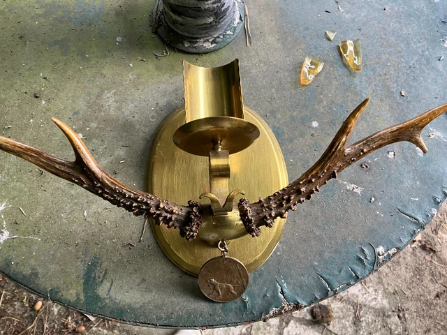 Wandkerzenhalter aus Geweih mit Münze Unikat