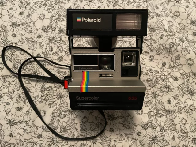 Vintage Polaroid Supercolor 635 Camera w/Rainbow Stripe & Strap.