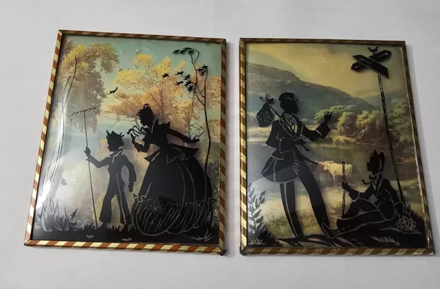 Silhouette Framed Pictures Convex Bubble Glass Reverse Painted Vintage Lot of 2