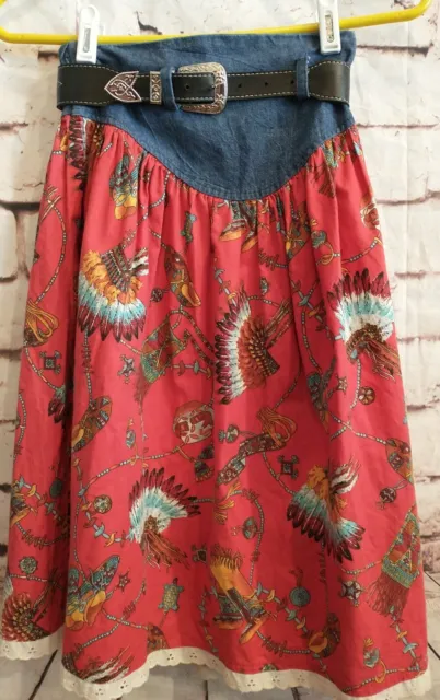 Vintage Girls  Large western Cowgirl skirt USA Denim  Belt Maxi Midi Costume Red