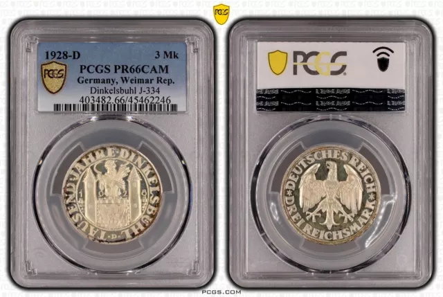 Weimarer Republik 3 Reichsmark 1928 - Dinkelsbühl PCGS PR66 Cam, Polierte Platte