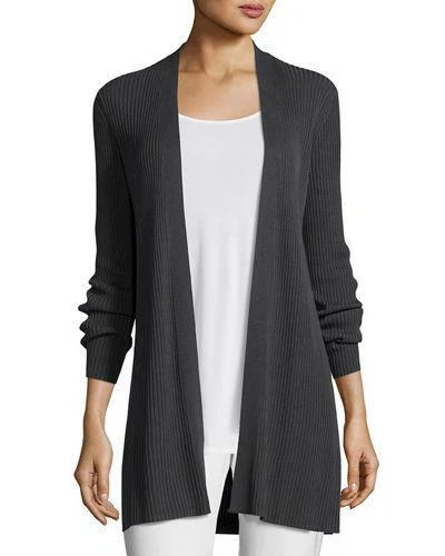 Eileen Fisher Gray Sleek Tencel Ribbed Knit Long Open Sweater Cardigan PL L