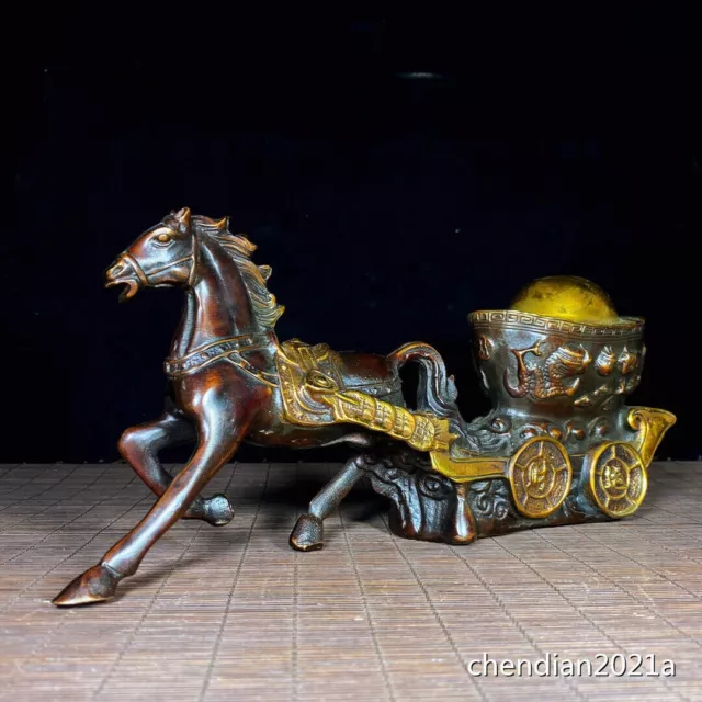 11"China antique copper Pure copper dotted gold carving yun wealth ma pull cart
