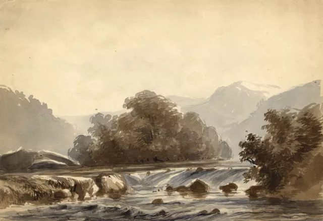 Mountain River Cascade – Original mid-19th-century watercolour painting