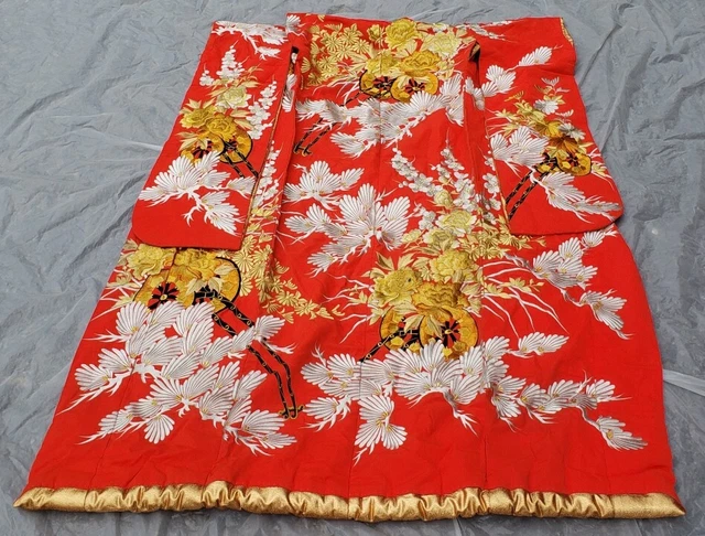 Vintage Japanese Wedding Uchikake Kimono Embroidered Red Gold Silver Floral Excl