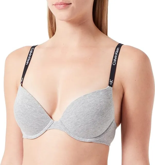 38B Calvin Klein Push Up Bra Women's Plunge Logo Straps Grey 2-Ways Straps Bra