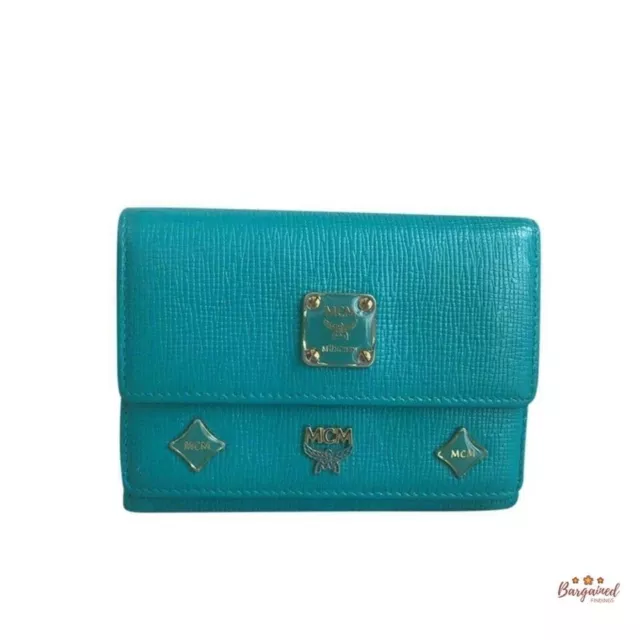 Authentic MCM Turquoise Saffiano Leather Medium Trifold Wallet W/ ID Window