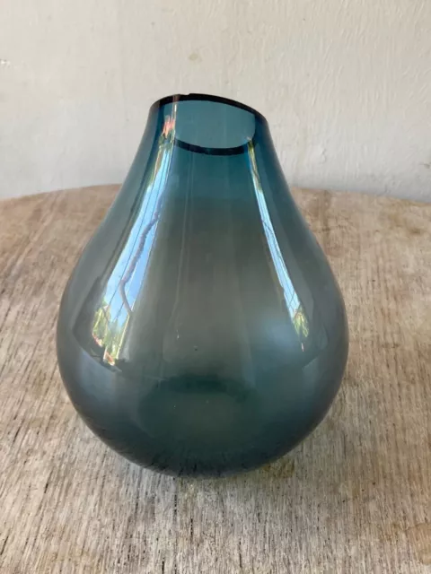 Mid Century European Hand Blown Art Glass Teardrop Bulbous Vase. Blue Smoke.