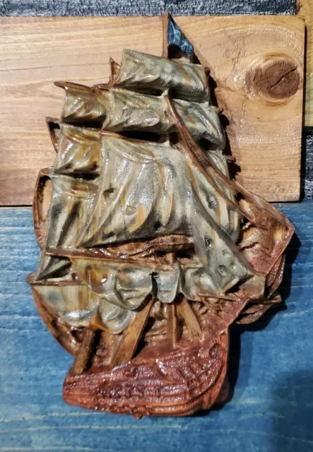 Wooden Old Schooner Pirate Ship Carved Wood Home Décor Handmade DAV Donation