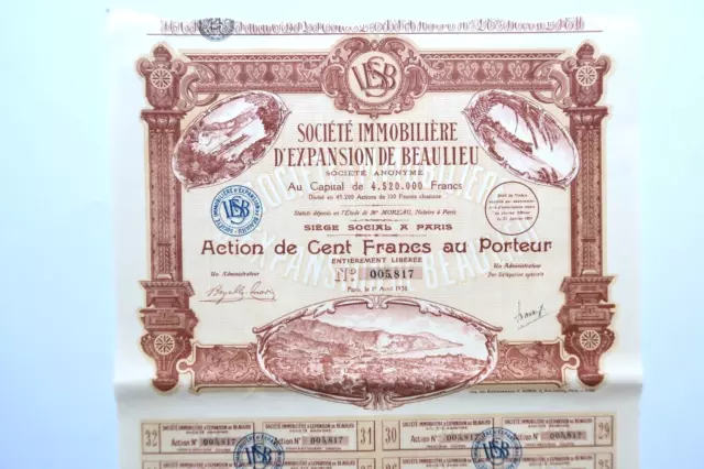 Societe Immobiliere D Expansion De Beaulieu Sur Mer Action De 100 Francs 1930