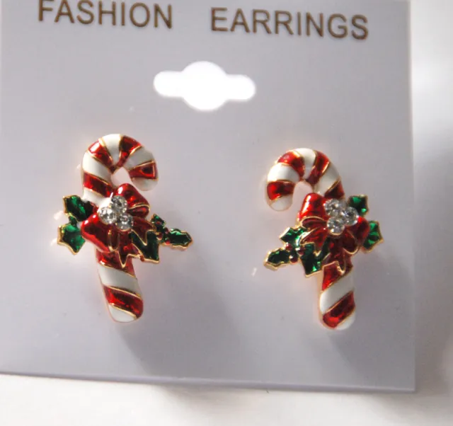 Candy Cane w Holly Bow Post Earrings / Gold-tone w Clear Crystal Accents